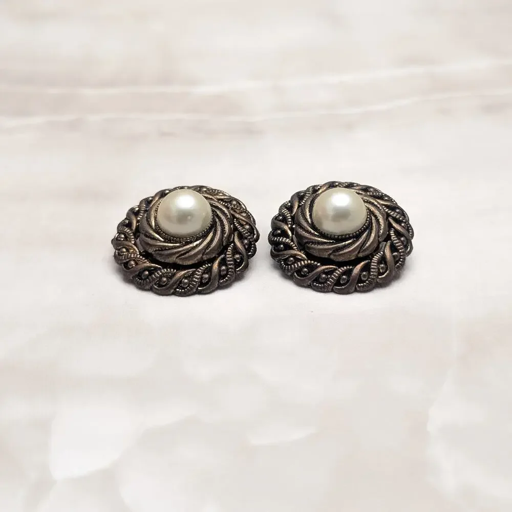 Vintage Clip On Earrings Large Chunky Statement Dark Bronzeish Tone Faux Pearl